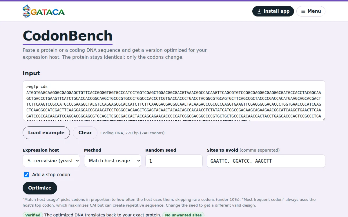 CodonBench showing results for the built-in example